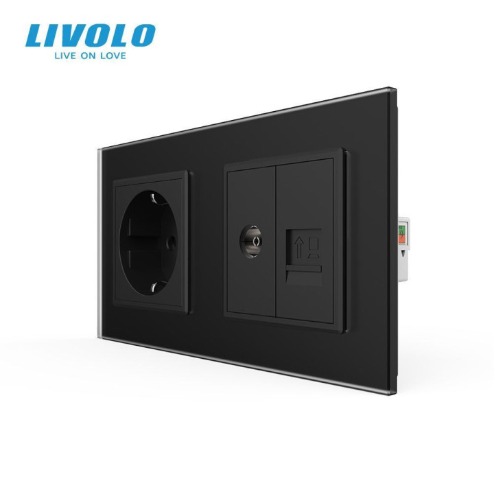 Розетка двомісна комбінована Силова Інтернет ТБ LIVOLO чорна матова скло · LIVOLO · VL-C7FCTC16A/FCCP/FCTV-4BS06
