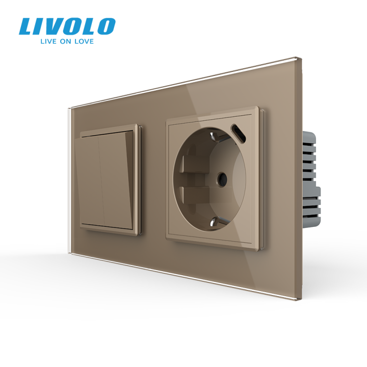 Двоклавішний перехресний вимикач LIVOLO з розеткою та USB Type-C 18Вт, золото, скло, заземлення · LIVOLO · VL-C7FCMM10A1/FCTF16A.UC18W-4AP
