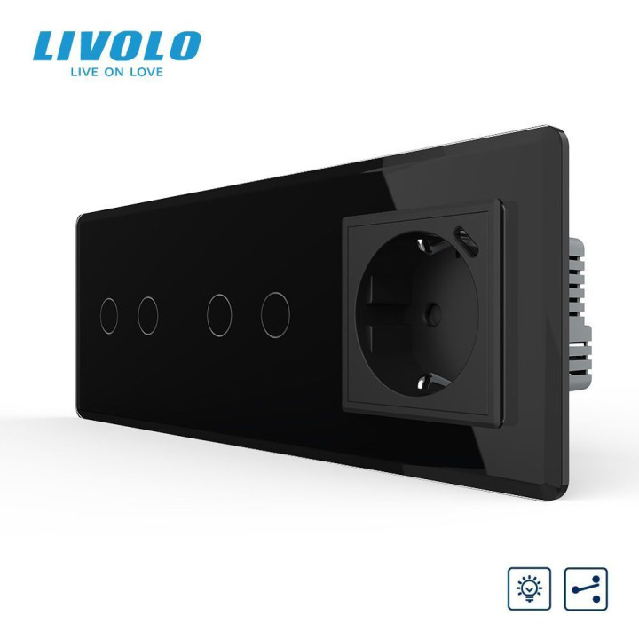 Прохідний сенсорний димер LIVOLO 4 сенсори (2-2) з розеткою з USB Type-C 18Вт, чорний 2.5D скло, заземлення · LIVOLO · VL-C7FC2SD/FC2SD/FCTF16A.UC18W-6BS05
