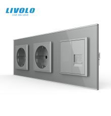 Розетка тримісна комбінована Силова Інтернет Livolo сірий скло (VL-C7C2EU1CK0-15)