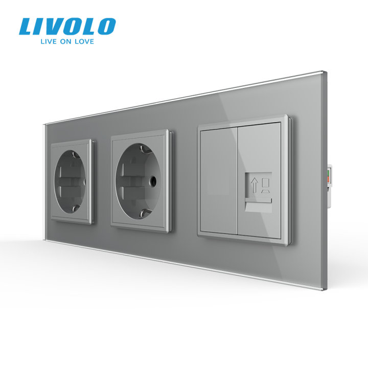 Розетка тримісна комбінована Силова Інтернет Livolo сірий скло (VL-C7C2EU1CK0-15) · LIVOLO · VL-C7FCTC16A/FCCP/FCMB-6IP