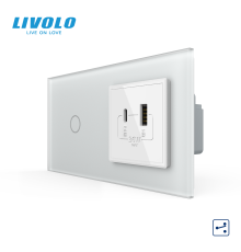 Сенсорний (дотиковий) прохідний вимикач LIVOLO з розеткою USB-A + USB-C 36Вт білий матовый скляна рамка