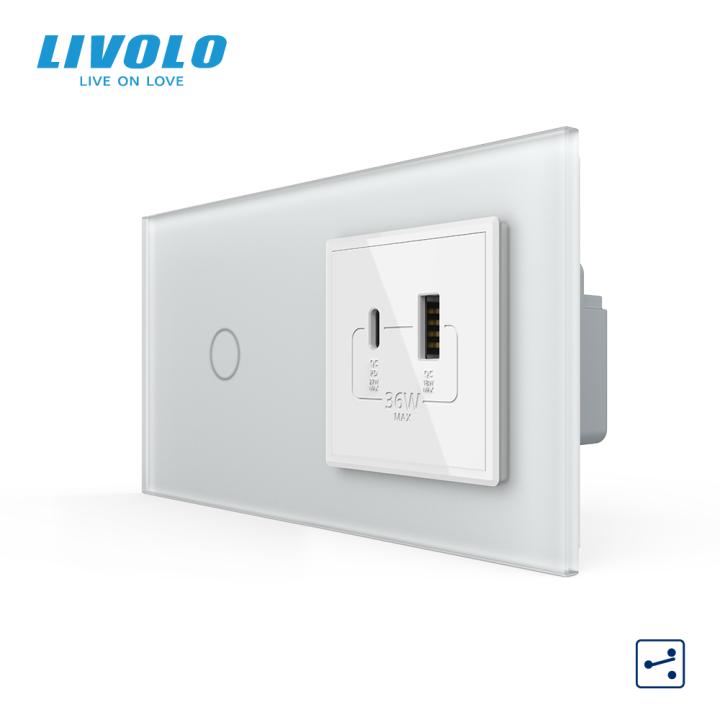 Сенсорний (дотиковий) прохідний вимикач LIVOLO з розеткою USB-A + USB-C 36Вт білий матовый скляна рамка · LIVOLO · VL-C7FC1S/FCUA18W.UC18W-4WS06