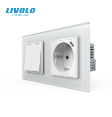 Двоклавішний перехресний вимикач LIVOLO з розеткою та USB Type-C 18Вт, білий матовый, скло, заземлення