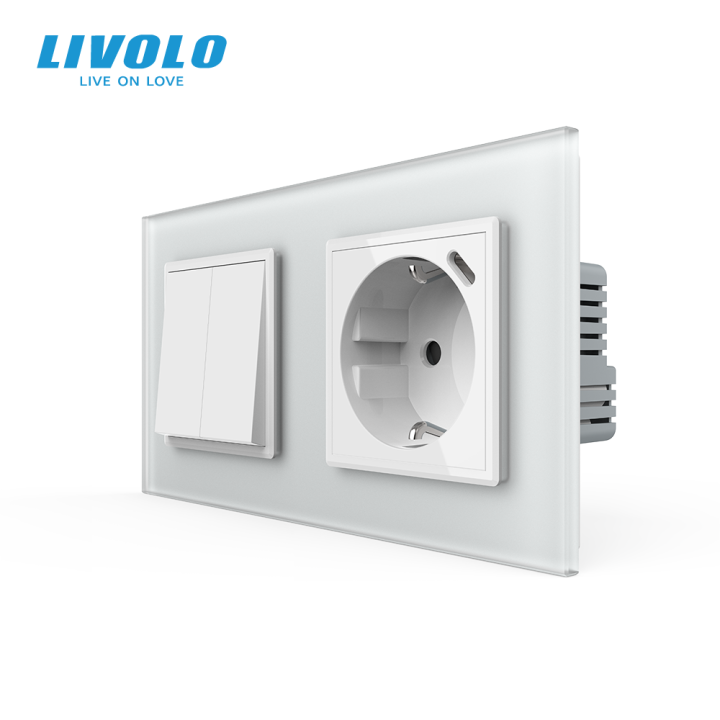 Двоклавішний перехресний вимикач LIVOLO з розеткою та USB Type-C 18Вт, білий матовый, скло, заземлення · LIVOLO · VL-C7FCMM10A1/FCTF16A.UC18W-4WS06