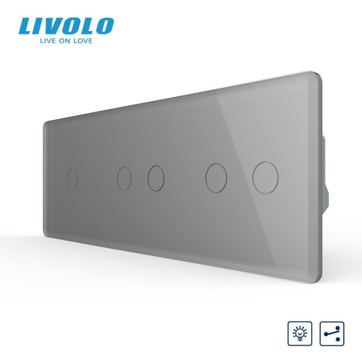 Сенсорний прохідний димер LIVOLO 5 сенсорів (1-2-2), сірий 2.5D, скло, 2A 230V · LIVOLO · VL-C7FC1SD/FC2SD/FC2SD-6IS05