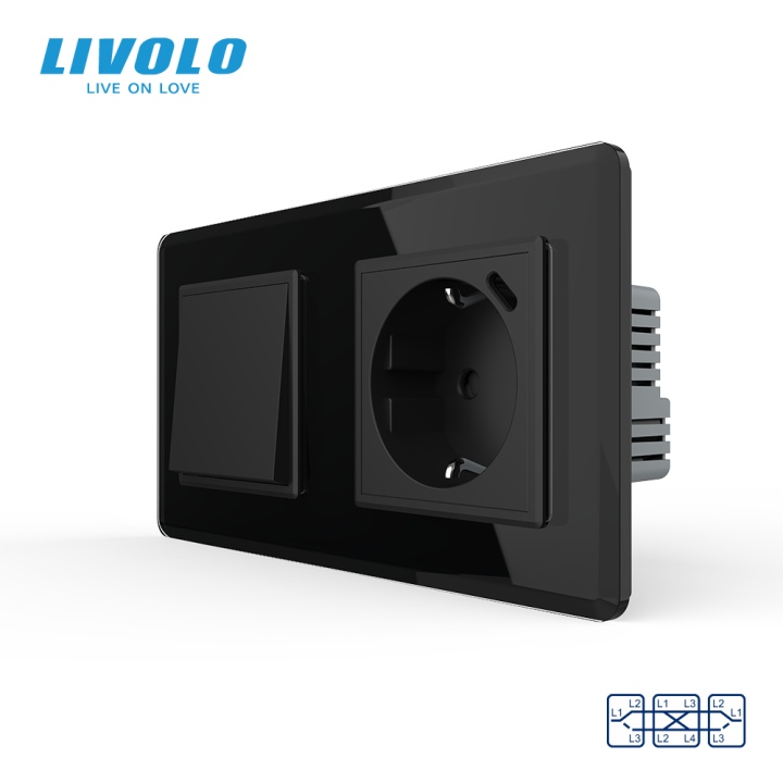 Перехресний вимикач LIVOLO з розеткою та USB Type-C 18Вт, чорний 2.5D, скло, із заземленням і захисними шторками · LIVOLO · VL-C7FCMM10A2/FCTF16A.UC18W-4BS05