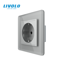 Електрична розетка з заземленням LIVOLO, сіра, скляна 2.5D рамка, шторки, 250В 16А