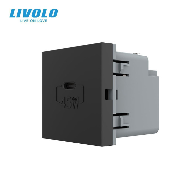 USB Type-C розетка LIVOLO, PD 45W, Power Delivery, швидка зарядка, чорна, модуль (VL-FCUC-2BP) · LIVOLO · VL-FCUC-2BP