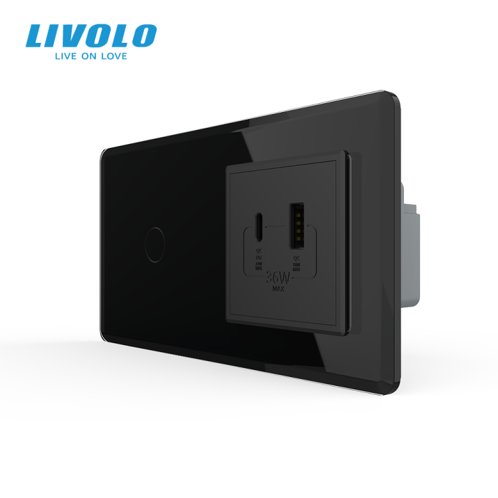 Сенсорний (дотиковий) вимикач LIVOLO з розеткою USB-A + USB-C 36Вт чорний 2.5D скляна рамка · LIVOLO · VL-C7FC1/FCUA18W.UC18W-4BS05