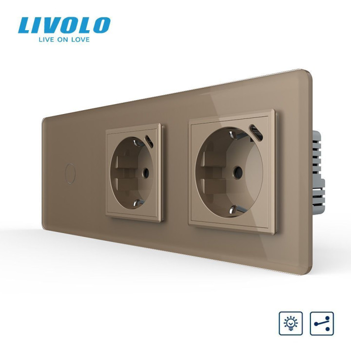 Прохідний сенсорний димер LIVOLO з двома розетками з USB Type-C 18Вт, золотий 2.5D, скло, 16A 230V, заземлення · LIVOLO · VL-C7FC1SD/FCTF16A.UC18W/FCTF16A.UC18W-6AS05