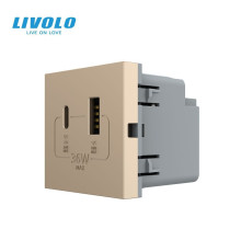 Розетка LIVOLO USB-A + USB-C PD 36Вт, золота, швидке заряджання, Power Delivery QC 3.0, модуль (VL-FCUA18W.UC18W-2AP)