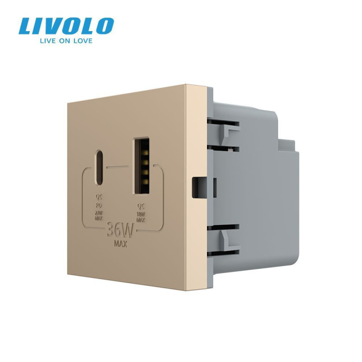 Розетка LIVOLO USB-A + USB-C PD 36Вт, золота, швидке заряджання, Power Delivery QC 3.0, модуль (VL-FCUA18W.UC18W-2AP) · LIVOLO · VL-FCUA18W.UC18W-2APS24