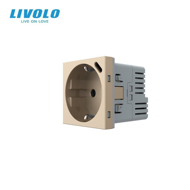 Електрична розетка LIVOLO з USB Type-C PD 18Вт, швидке заряджання iPhone, золота, 16А 230В, із заземленням, шторки, модуль (VL-FCTF16A.UC18W-2AP) · LIVOLO · VL-FCTF16A.UC18W-2APS23