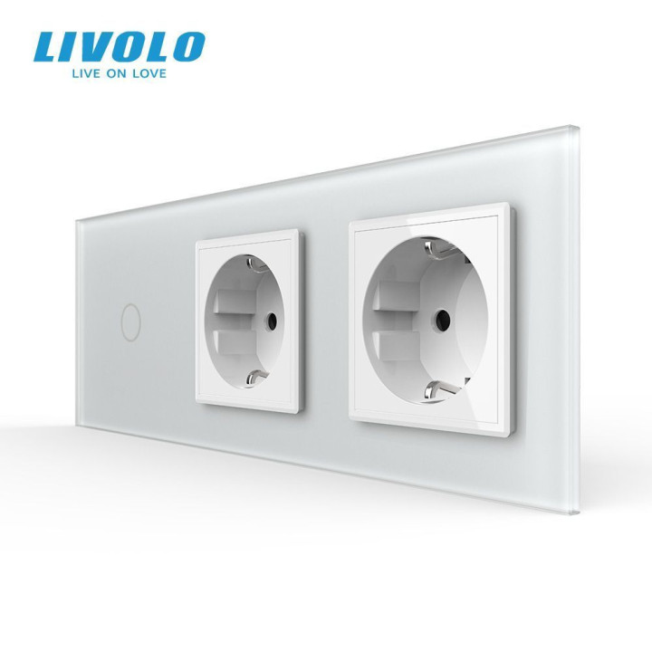 Сенсорний вимикач 1 сенсор 2 розетки LIVOLO білий матовий скло · LIVOLO · VL-C7FC1/FCTC16A/FCTC16A-6WS06