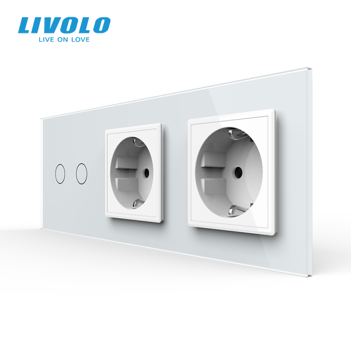 Сенсорний вимикач 2 сенсора 2 розетки Livolo білий скло (VL-C702/C7C2EU-11) · LIVOLO · VL-C7FC2/FCTC16A/FCTC16A-6WP