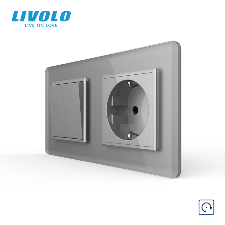 Вимикач без фіксації подвійний з розеткою LIVOLO сірий 2.5D скло, 16А 230В, із заземленням, захисні шторки · LIVOLO · VL-C7FCMH1/FCTC16A-4IS05
