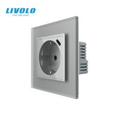 Електрична розетка з USB Type-C 18Вт для зарядки, з заземленням, LIVOLO, сіра, скляна матова рамка, 250В 16А
