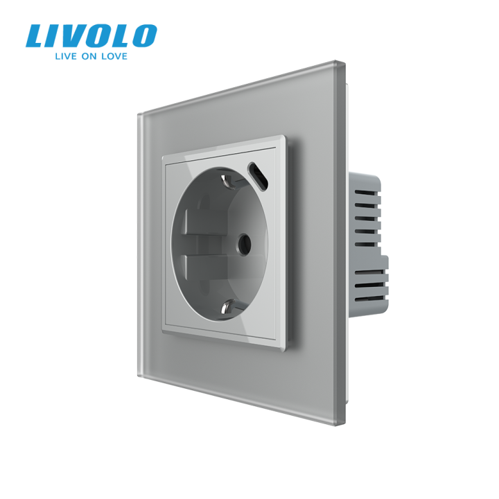 Електрична розетка з USB Type-C 18Вт для зарядки, з заземленням, LIVOLO, сіра, скляна матова рамка, 250В 16А · LIVOLO · VL-C7CTF16A.UC18W-2IS06