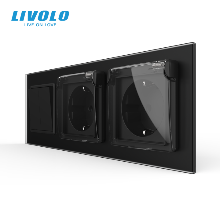 Вимикач універсальний (звичайний/прохідний) 2-клавішний з двома розетками з кришкою IP44, заземлення, LIVOLO чорний матовый скло · LIVOLO · VL-C7FCMKS1/FCTC16A/FCTC16A/XW001-6BS06