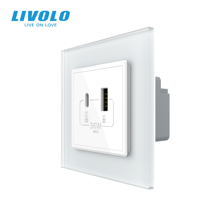 Розетка USB-A та USB-C з Power Delivery 36W LIVOLO біла матова скло · LIVOLO · VL-C7FCUA18W.UC18W-2WS06