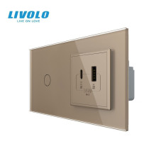 Сенсорний (дотиковий) вимикач LIVOLO з розеткою USB-A + USB-C 36Вт золотий скляна рамка