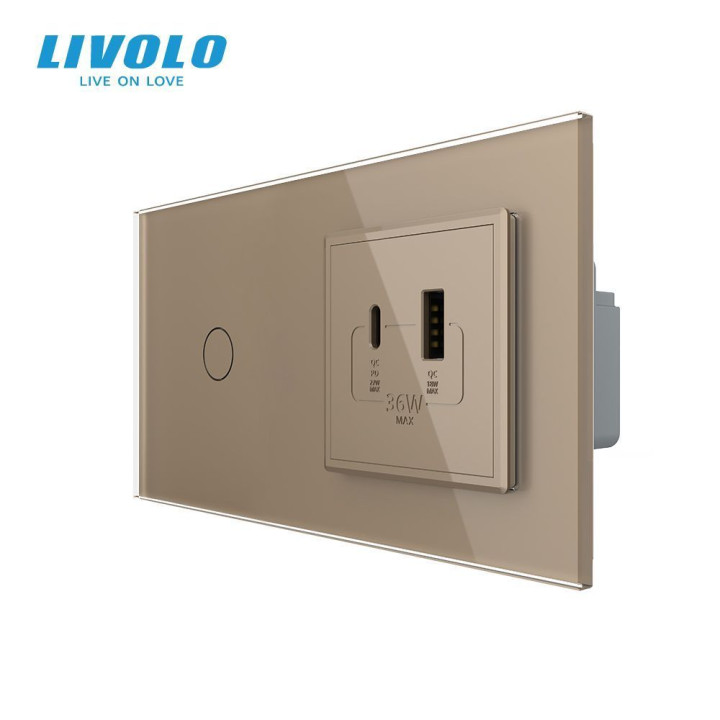 Сенсорний (дотиковий) вимикач LIVOLO з розеткою USB-A + USB-C 36Вт золотий скляна рамка · LIVOLO · VL-C7FC1/FCUA18W.UC18W-4AP