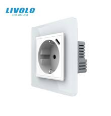 Електрична розетка з USB Type-C 18Вт для зарядки, з заземленням, LIVOLO, біла, скляна 2.5D рамка, 250В 16А
