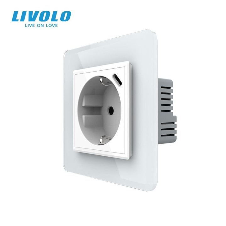 Електрична розетка з USB Type-C 18Вт для зарядки, з заземленням, LIVOLO, біла, скляна 2.5D рамка, 250В 16А · LIVOLO · VL-C7CTF16A.UC18W-2WS05