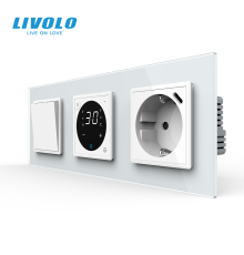 Терморегулятор для теплої підлоги + перехресний вимикач + USB Type-C 18Вт LIVOLO, білий скляний