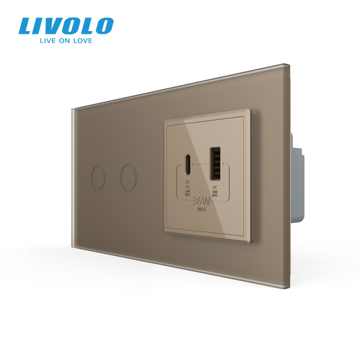 Сенсорний (дотиковий) подвійний вимикач LIVOLO з розеткою USB-A + USB-C 36Вт золотий матовый скло · LIVOLO · VL-C7FC2/FCUA18W.UC18W-4AS06