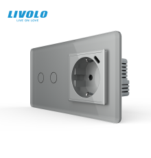 Сенсорний (дотиковий) подвійний вимикач LIVOLO з USB Type-C 18 Вт сірий 2.5D 16 А 230 В із заземленням шторки скло