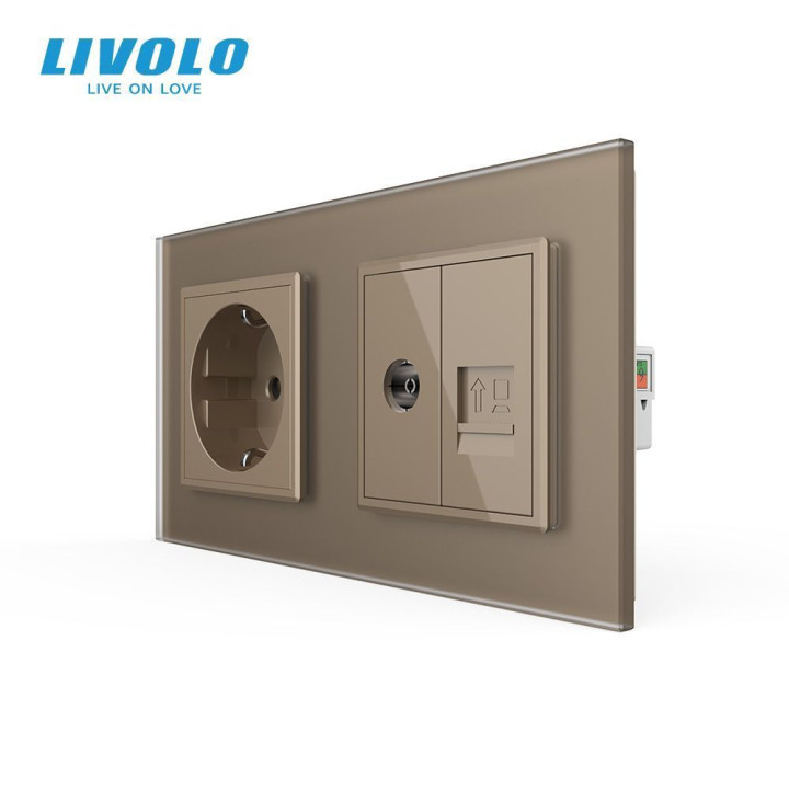 Розетка двомісна комбінована Силова Інтернет ТБ LIVOLO золота матова скло · LIVOLO · VL-C7FCTC16A/FCCP/FCTV-4AS06