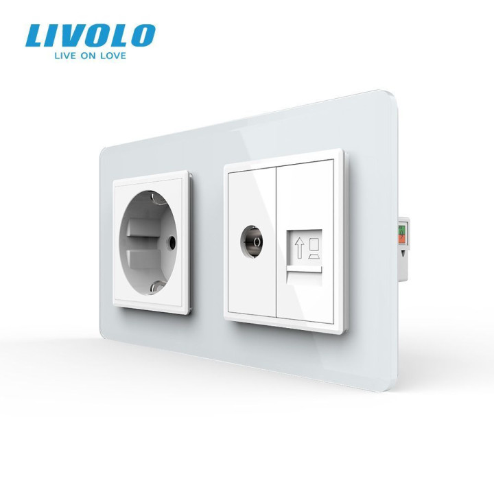 Розетка двомісна комбінована Силова Інтернет ТБ LIVOLO біла 2.5D скло · LIVOLO · VL-C7FCTC16A/FCCP/FCTV-4WS05