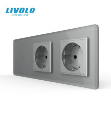 Сенсорний вимикач 1 сенсор 2 розетки LIVOLO сірий 2.5D скло