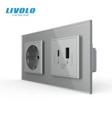 Розетка LIVOLO з USB-A та USB-C, Power Delivery 36W, сіра, настінна дизайнерська, скляна рамка