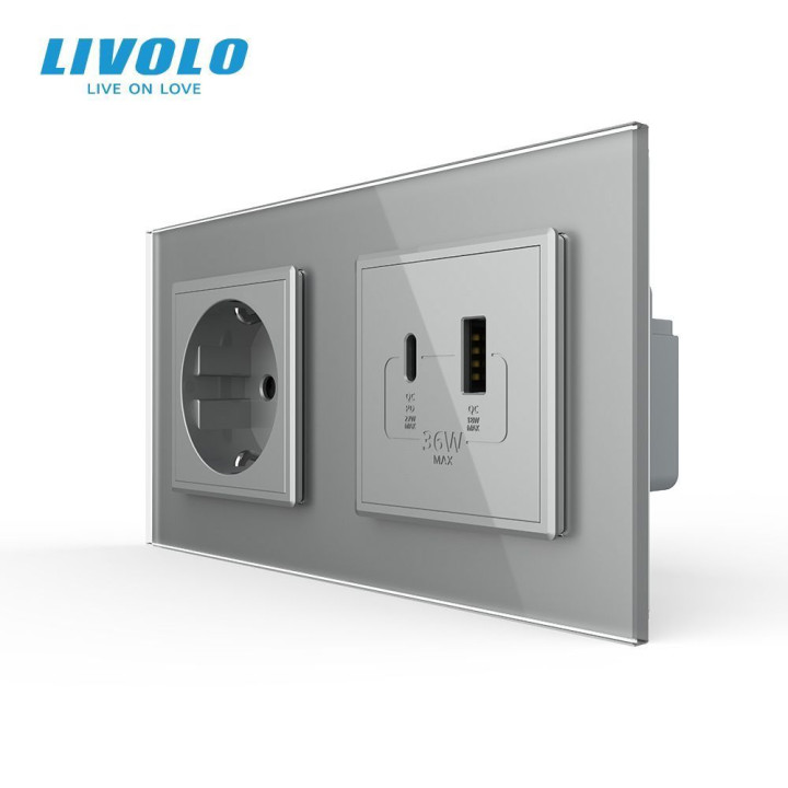 Розетка LIVOLO з USB-A та USB-C, Power Delivery 36W, сіра, настінна дизайнерська, скляна рамка · LIVOLO · VL-C7FCTC16A/FCUA18W.UC18W-4IP