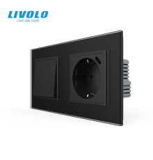 Двоклавішний перехресний вимикач LIVOLO з розеткою та USB Type-C 18Вт, чорний матовый, скло, заземлення