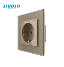Електрична розетка з заземленням LIVOLO, золота, скляна матова рамка, шторки, 250В 16А