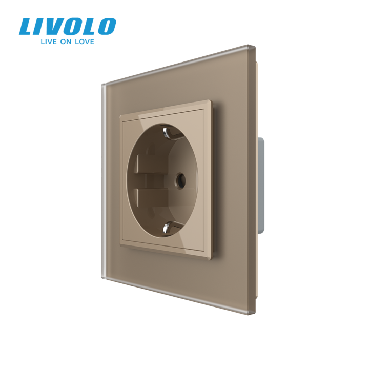 Електрична розетка з заземленням LIVOLO, золота, скляна матова рамка, шторки, 250В 16А · LIVOLO · VL-C7FCTC16A-2AS06