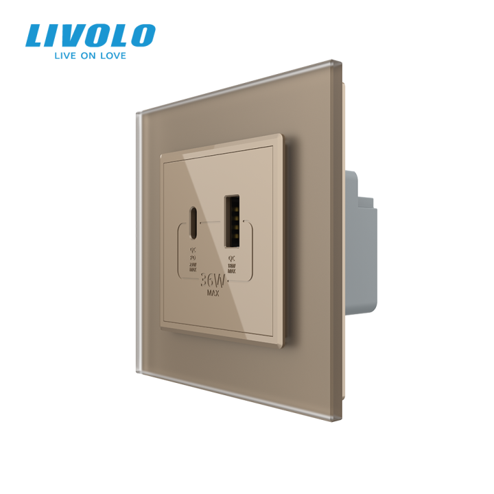 Розетка USB-A та USB-C з Power Delivery 36W LIVOLO золота матова скло · LIVOLO · VL-C7FCUA18W.UC18W-2AS06