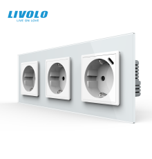 Розетка LIVOLO з USB Type-C 18Вт, із заземленням, шторки, біла, скляна рамка, 250В 16А