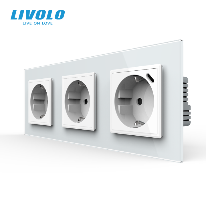Розетка LIVOLO з USB Type-C 18Вт, із заземленням, шторки, біла, скляна рамка, 250В 16А · LIVOLO · VL-C7FCTC16A/CTF16A.UC18W-6WP