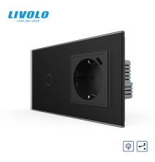 Прохідний сенсорний димер LIVOLO з розеткою та USB Type-C 18Вт, чорний матовый, із заземленням і захисними шторками