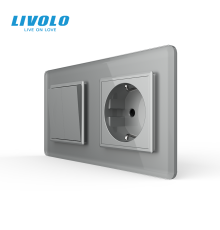 Двоклавішний вимикач з розеткою LIVOLO сірий 2.5D скло