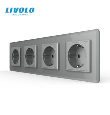 Чотиримісна електрична розетка з заземленням LIVOLO, сіра, скляна 2.5D рамка, шторки, 250В 16А