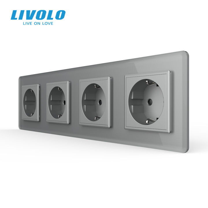 Чотиримісна електрична розетка з заземленням LIVOLO, сіра, скляна 2.5D рамка, шторки, 250В 16А · LIVOLO · VL-C7FCTC16A-8IS05