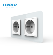 Подвійна електрична розетка з заземленням LIVOLO, біла, скляна 2.5D рамка, шторки, 250В 16А