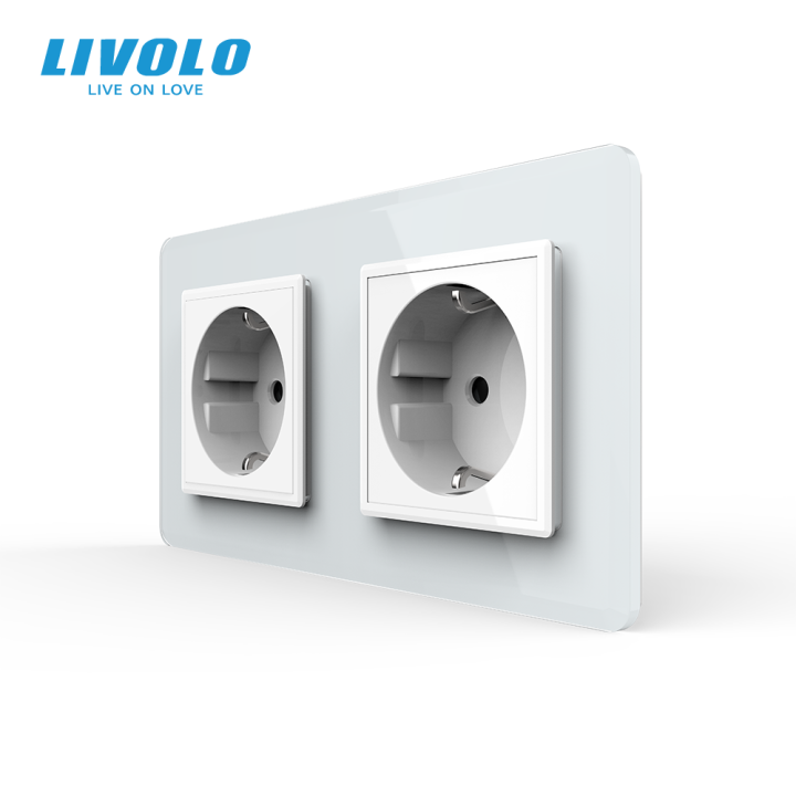 Подвійна електрична розетка з заземленням LIVOLO, біла, скляна 2.5D рамка, шторки, 250В 16А · LIVOLO · VL-C7FCTC16A-4WS05