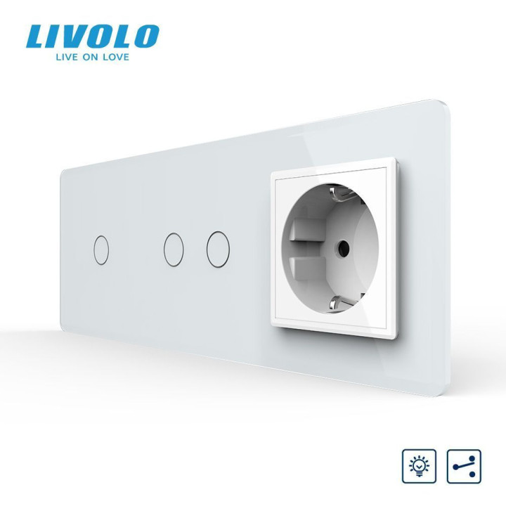 Сенсорний прохідний димер LIVOLO 3 сенсори (1-2) з розеткою, білий 2.5D скло, 16A 230V, заземлення, захисні шторки · LIVOLO · VL-C7FC1SD/FC2SD/FCTC16A-6WS05